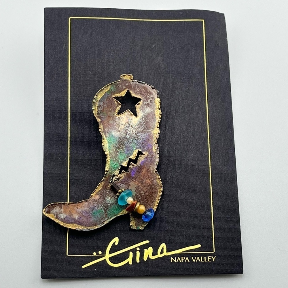 NWT Gina Napa Valley Western Boot Brooch Hand Painted Brass Wire Adorn Beads